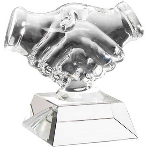 Handshake Trophy in Clear Glass on Base