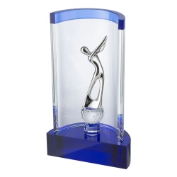 Curved Crystal Blue & White Golf Figure Trophy