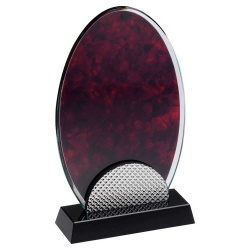 Red Marble Backed Clear Glass Oval With Silver Detail And Black Base